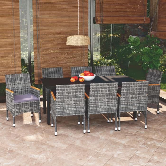 vidaXL Mobilier à Dîner de Jardin et Coussins 9 pcs Ensemble de Salle à Manger de Patio Table et Chaises dExtérieur Balcon 3095008