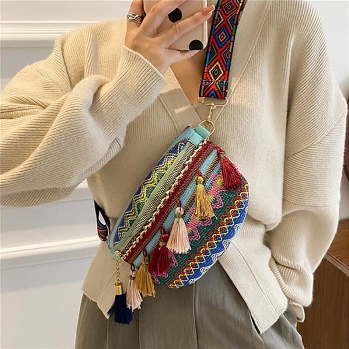 JAUNE Sac banane de Style folklorique avec sangle r glable pour femmes sac banane de couleur panach e avec