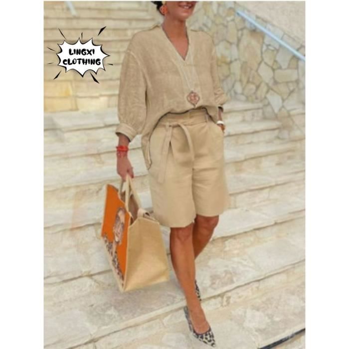 Ensemble femme Kaki Short decontracte en coton Chic et elegant Blanc Cdiscount Pret a Porter