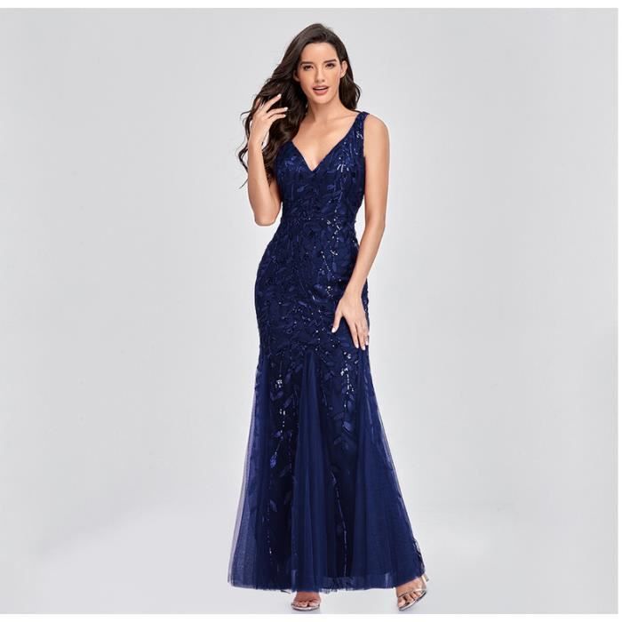Robe de Soir e Femme Longue Sans Manches Col V Robe Sexy Fashion