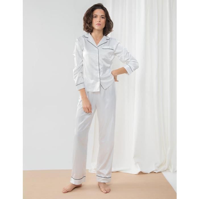 Pyjama femme Towel City satin extensible manches longues Blanc Cdiscount Pret a Porter