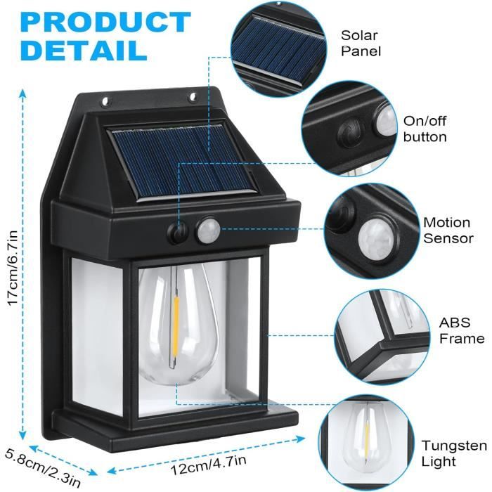 Joomer 2 Packs Lampe Solaire Extérieure En Tungstène Rétro - Applique Murale Avec Détecteur De Mouvement, 3 Modes, IP65 Étanche, Lumière Blanche Chaude Pour Jardin, Cour Et Patio