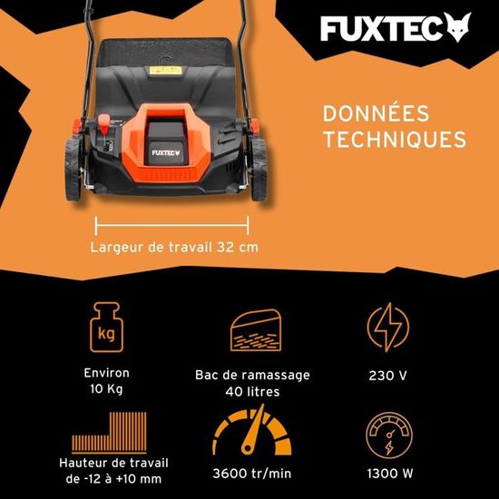 Scarificateur Électrique FUXTEC 1300W - Aérateur Gazon 32 Cm Avec Bac 40L Et Réglage Profondeur