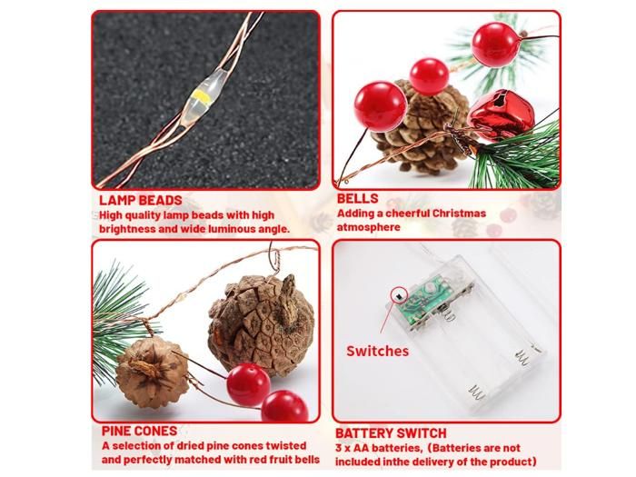 Guirlande Lumineuse Noël Pommes De Pin Et Baies Rouges - 2m, 20 LED, à Piles, Modes Fixe/Clignotant, IP44