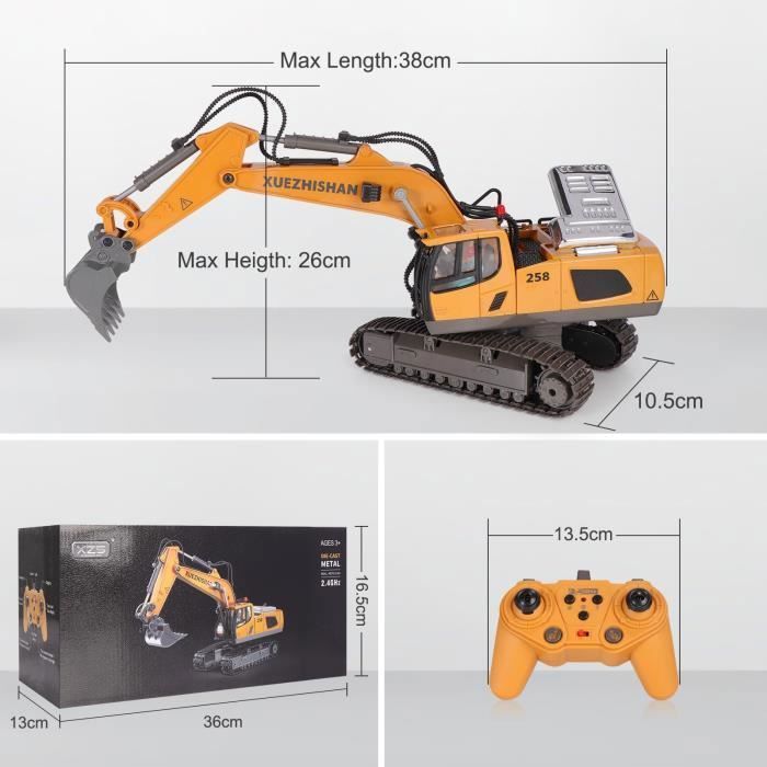 Excavatrice Télécommandée Pour Enfants 3-12 Ans - Pelle Métallique, Rotation 680°, Lumière, Fumée Simulée - 3 Batteries Incluses - 8