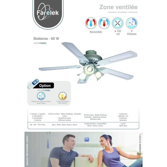 Ventilateur Plafond Ateroll 76cm Avec LED - Télécommande 6 Vitesses