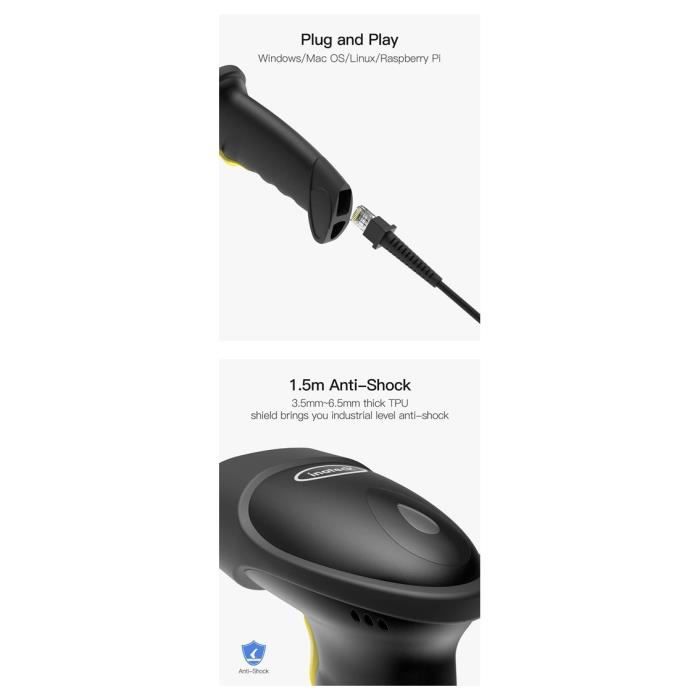 Inateck Scanner de Codes à Barres 2D QR USB Filaire, Scan sur Écran