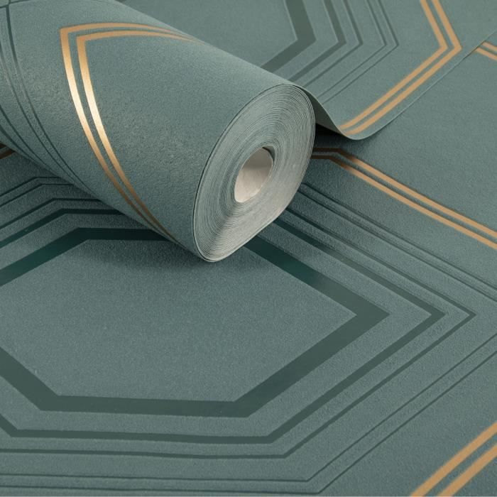 Papier peint intissé Art Deco 3D 1005 x 52cm Vert bleuté, doré ...