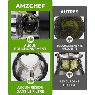 AMZCHEF Extracteur De Jus Pression à Froid 200W - Grande Gouttière 108mm, Filtre Double Couche, Anti-Goutte, Fonction Inverse