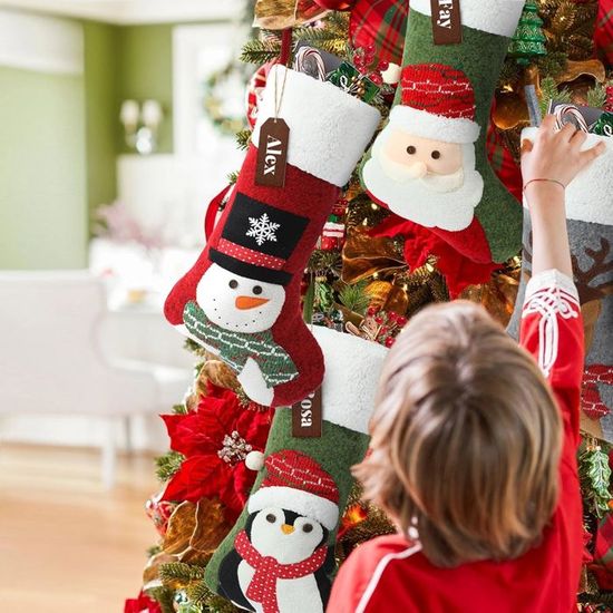 Lot De 4 Chaussettes De Noël à Suspendre - Motifs Bonhomme De Neige, Renne, Père Noël, Ours - Décoration Festive
