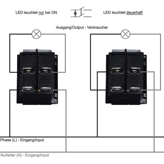 Interrupteur à Bascule Encastrable 2 Pôles 16A 250V, Cadre 28.5x21.9mm, Voyant Lumineux Jaune