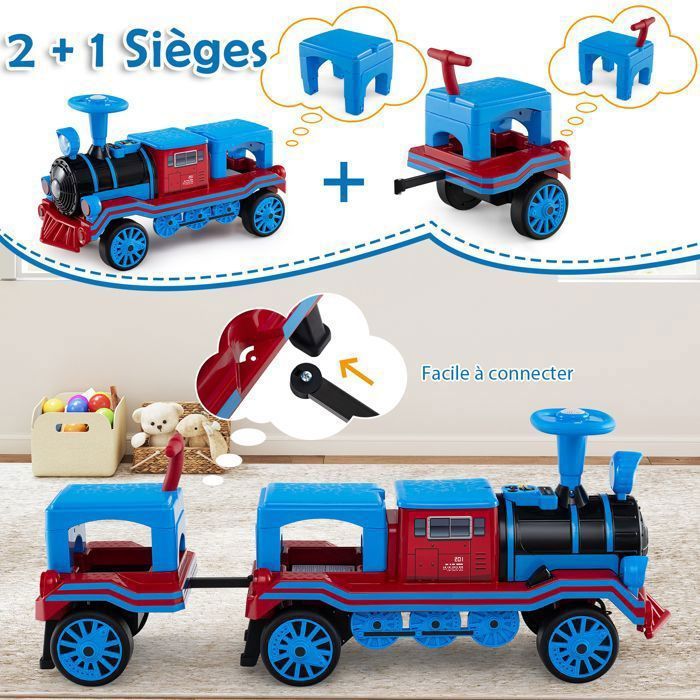 COSTWAY 12V Train Porteur Électrique Enfant 3 Places avec 2 Sièges Amovibles, 1 Locomotive & 1 Wagon, Voiture Porteur Enfant avec Lumières & Sifflet & Musique, Charge 75 kg, 3-8 Ans (Bleu COSTWAY 12V Train Porteur Électrique Enfant 3 Places avec 2 Sièges Amovibles, 1 Locomotive & 1 Wagon, Voiture Porteur Enfant avec Lumières & Sifflet & Musique, Charge 75 kg, 3-8 Ans (Bleu