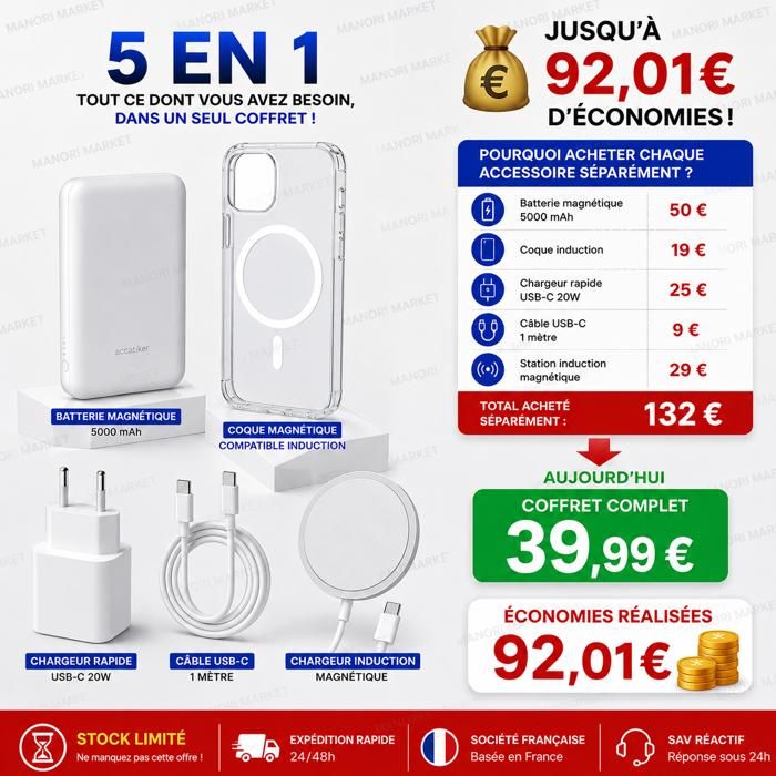 Coffret Complet MagSafe IPhone 14 Pro Chargeur Induction Batterie 5000mAh Coffret Complet MagSafe IPhone 14 Pro - Chargeur, Batterie, Coque 20W Chargeur Sans Fil 20w Coffret Complet MagSafe IPhone 14 Pro Chargeur Induction Batterie 5000mAh Coffret Complet MagSafe IPhone 14 Pro - Chargeur, Batterie, Coque 20W Chargeur Sans Fil 20w