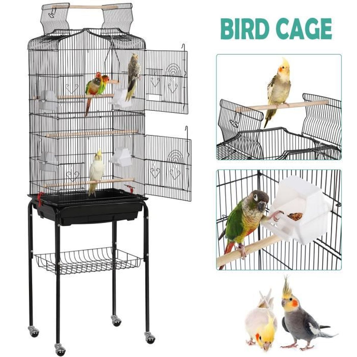 Yaheetech Grande Volière Pour Oiseaux Cage à Roulettes Canaries Perroquet Perruches Canaris Avec 4 Mangeoires 3 Perchoirs 1506cm