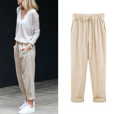 Pantacourt Femme ete Causal Coton Lin Ample Pantalon Fluide Confortable 7 8 Longueur Leger Cordon elastique Sport Yoga Pants Kaki
