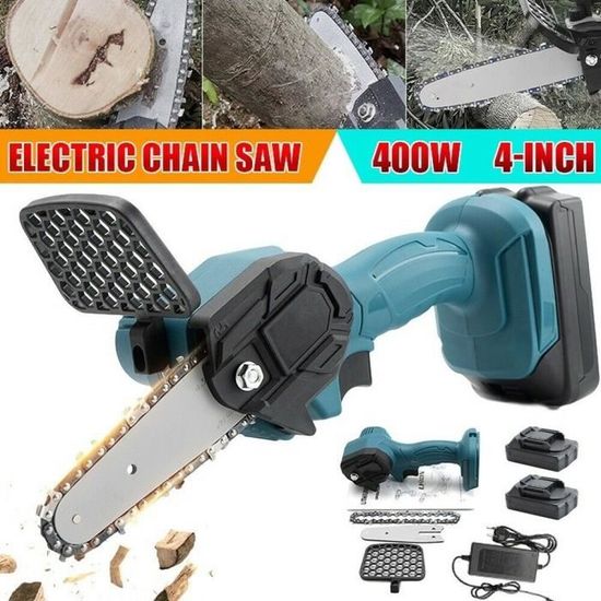 Mini Tronçonneuse à Batterie 6 Pouces 800W - 2 Batteries 3 Chaînes - Scie Élagage Arbres Bois Jardin