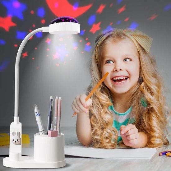 Lampe de Bureau Enfant, Lampe de Table Sans Fil Dimmable, Lampe de Bureau  Rechargeable avec Projection et Porte-stylo, Lampe de Lecture LED