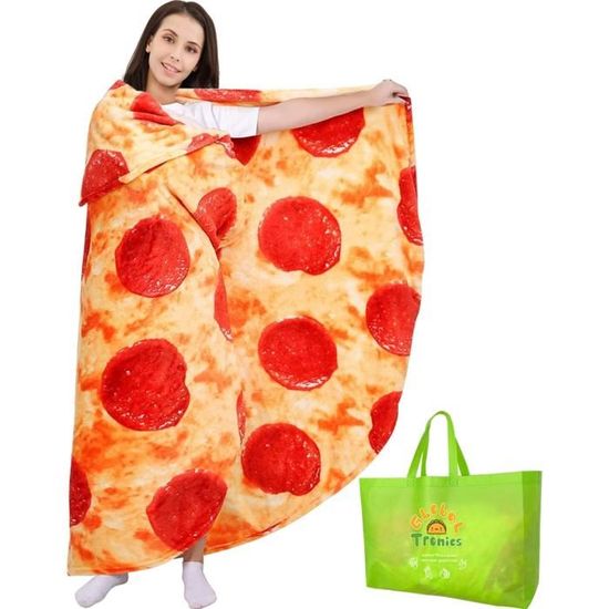 Global Tronics Couverture de Pizza 150cm Double Face, Giant Round Nouveauté Pepperoni Wrap Plaids Chauds Doux Confort Flannel Réaliste Nourriture en Peluche Serviettes Cadeaux Créatifs pour Famille