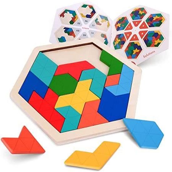 puzzle en bois pour enfants - forme hexagonale motif tetris bloc tangram logic iq jeu stem montessori casse-tête jouet cadeau pour