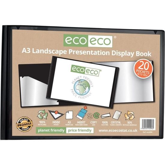 Porte-vues A3 Eco-eco 20 Pochettes - Noir 50% Recyclé Avec Pochette De Présentation
