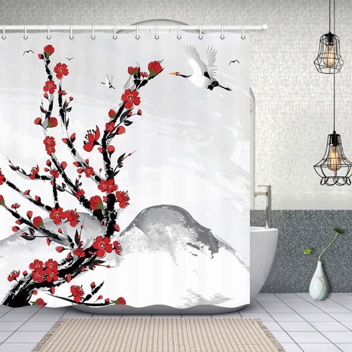 Rideau De Douche En Tissu Polyester, Motif Fleurs De Cerisier Printanier, Sakura Snowy Mountain, Fuji Tokyo Tower - Rideaux De Salle De Bain Décoratifs Avec Crochets (183 X 183 Cm) (S2598