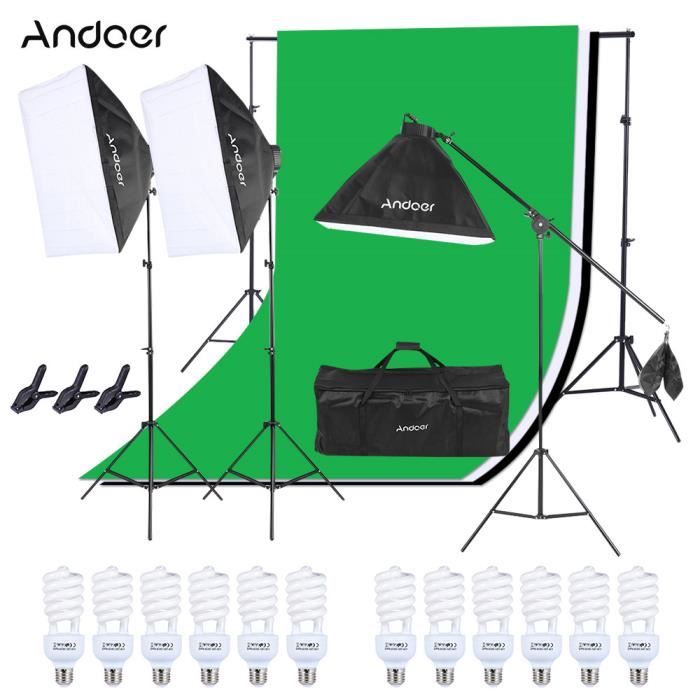 Andoer Ensemble de studio - Softbox & Ampoule & Douille d'ampoule & Support de lumière & Bâton cantilever & Toile de fond & Support