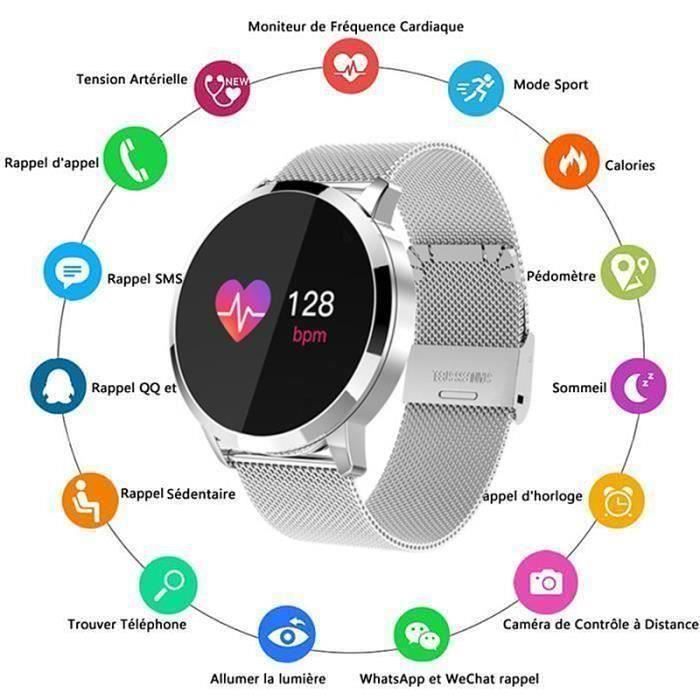 RMEGA Montre Connecté Rond Femmes Q8, Période Rappel du Cycle Physiologique Féminin Ecran Couleur Bracelet Métal- Argent