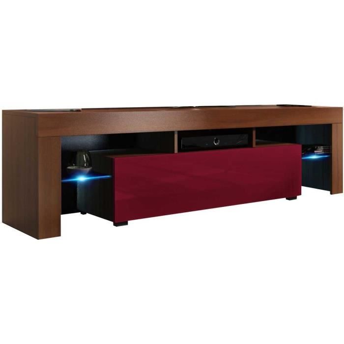 Meuble tv 160 cm aspect noyer / bordeaux brillant + led rgb