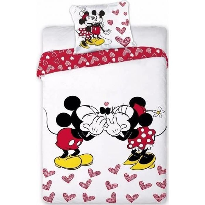 Mickey-Minnie Amoureux-Bisou Coeur-Disney-Housse de couette-Parure de lit 140X200 CM+Taie 63X63 cm.