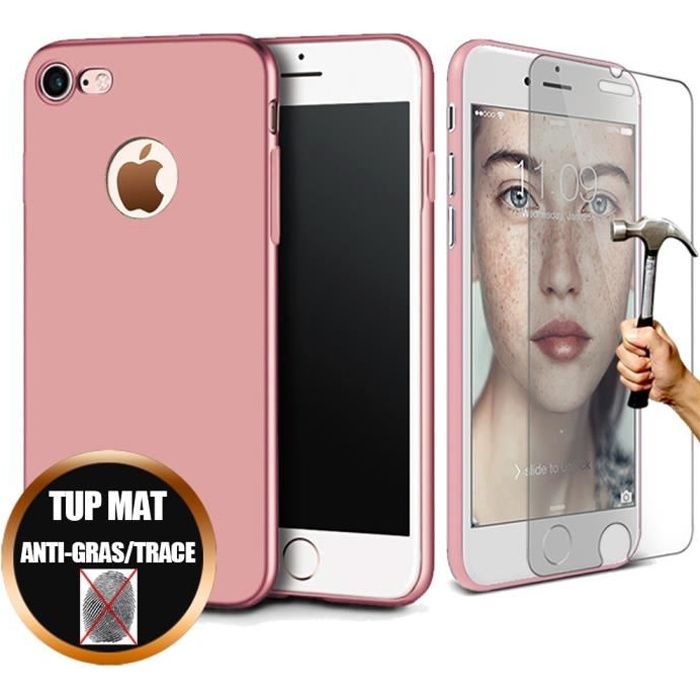 Verre Trempé + iPhone 8 Coque Silicone Anti-choc Gel Ultra Slim -Mat Rose