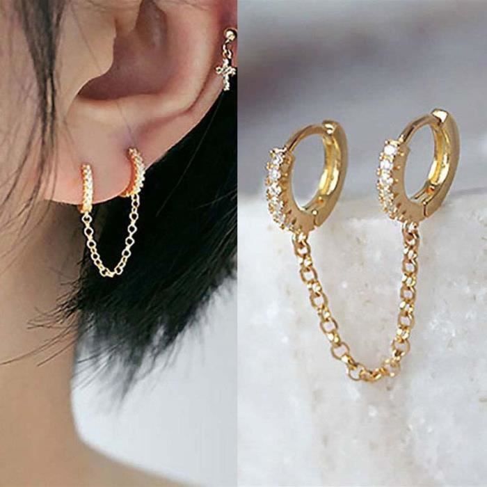 Boucles d'oreilles créoles à deux trous en cristal Zircon, 1 pièce, Punk Hip Hop, Piercing en or, bijoux pour femmes, [8739646]