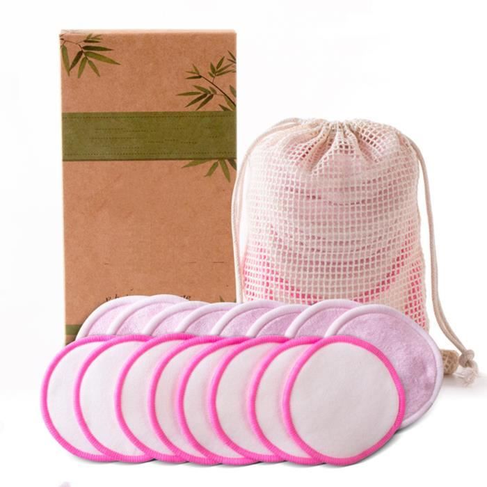 Tampons Démaquillants Fibre De Bambou, Disques Coton Demaquillant Lavable, Sac De Lavage, Lavable Et Réutilisable - 16Pcs Rose