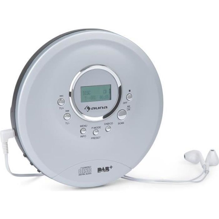auna CDC 200 - DAB+ Discman avec tuner radio DAB + - FM, compatible MP3, écouteurs intra-auriculaires - Argent