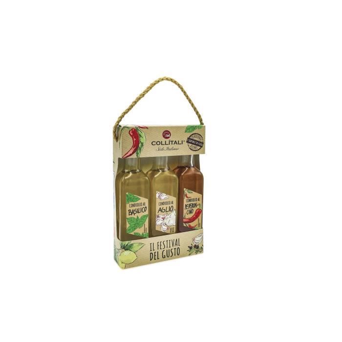 COLLITALI TRIO HUILES OLIVES AROMATISEES Italie : bouteilles Ail / Piment / Basilic 100 ml