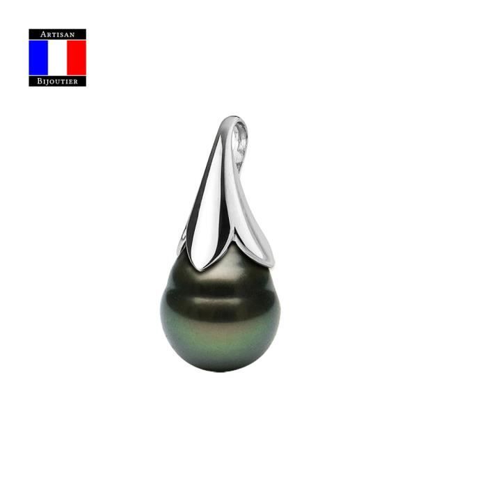 Compagnie Générale des Perles - Pendentif Fleur - Véritable Perle de Tahiti Poire 9-10 mm Or Blanc 18 Cts - Bijou Femme