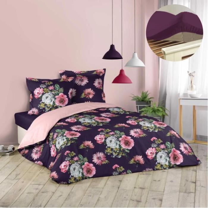 Ensemble housse de couette 220x240 cm Flower life + drap housse 140x190 Myrtille