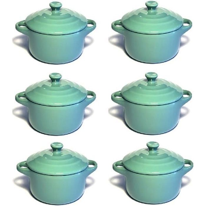 Lot de 6 mini cocottes bleues turquoises double poignée avec couvercle Hobby Cook