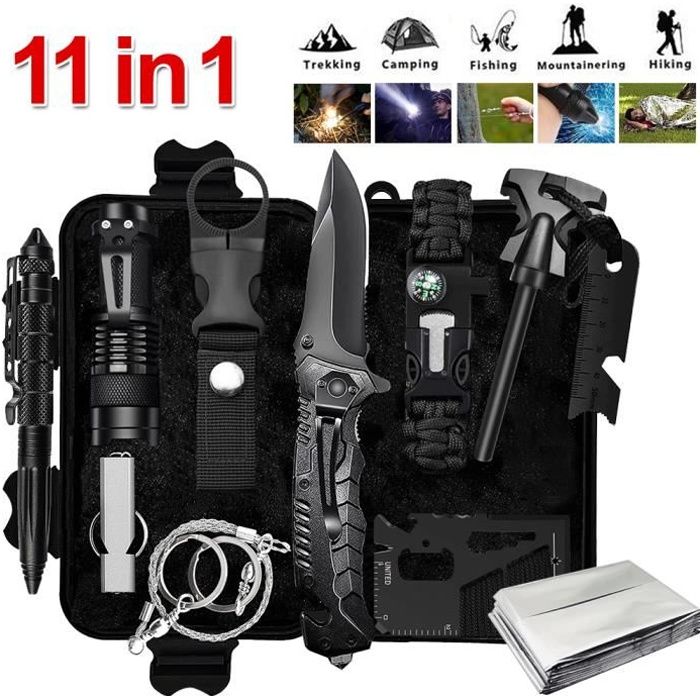 Kit de survie d'urgence SOS 11 en 1, outil de survie en plein air, couteau pliant, allume-feu, sifflet, stylo tactique pour camping