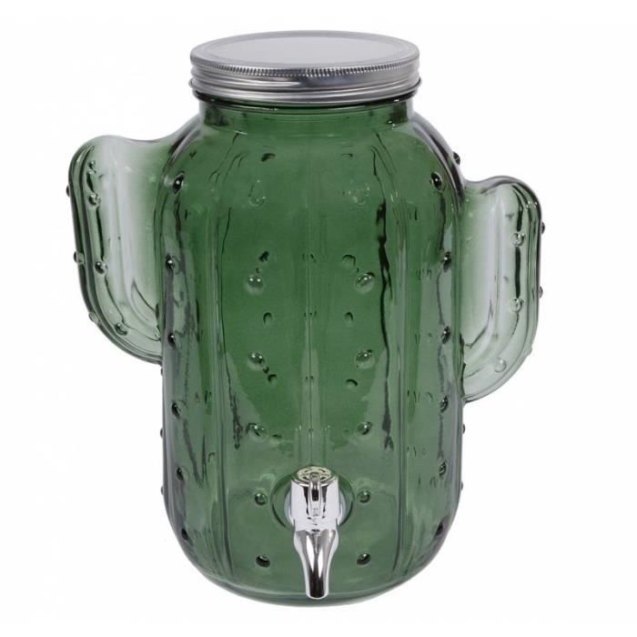 Distributeur à Boisson Bocal Fontaine Forme Cactus de 3.5L avec Robinet en Verre Vert 16x23x27cm 27