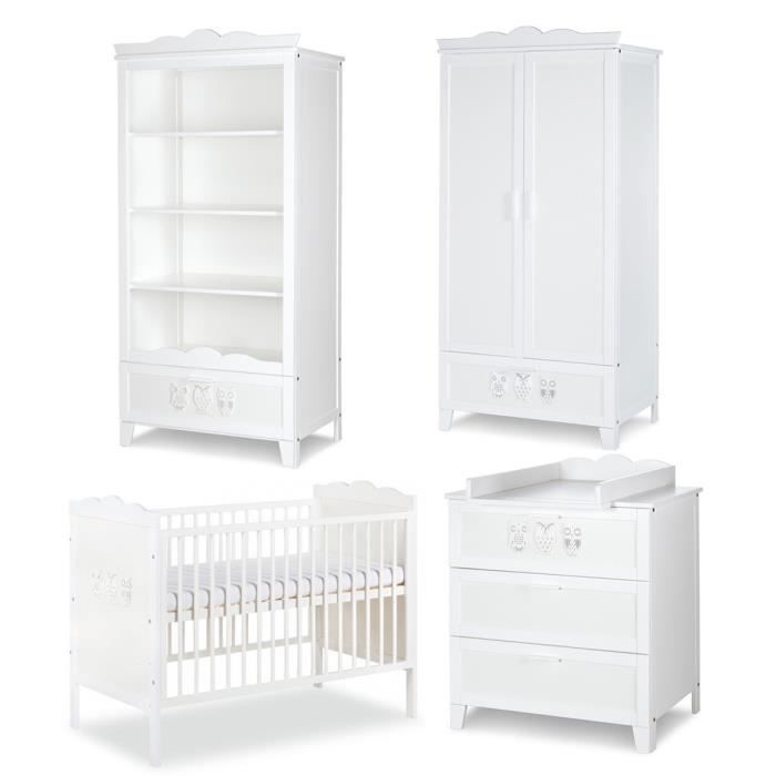 MARSELL Chambre bébé complète Lit 120x60 Commode à langer Armoire et Bibliothèque Blanc