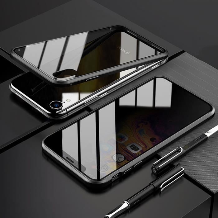 iPhone XR Coque, 360° Couverture Magnétique Cadre en Métal + Verre Trempé Anti-Espion Housse Étui de Protection (Noir)