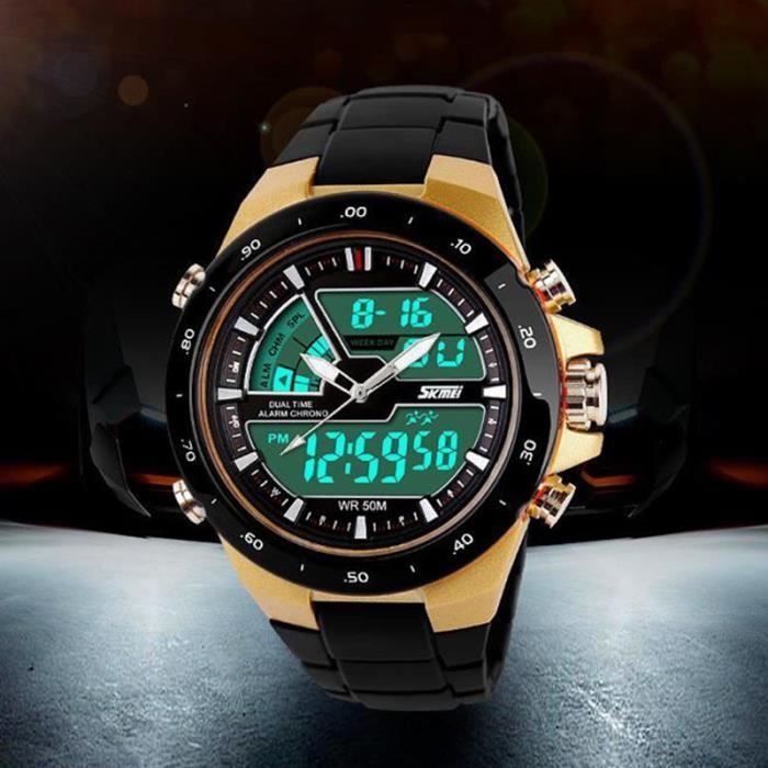 SHARPHY® Superbe Montre Homme de Marque Sport LED Numérique Analogique doré étanche militaire