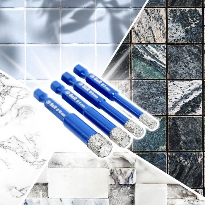 S&R Coffret Forets diamant pour Carrelage, Céramique, Grès Cérame, Tuiles, Verre, Pierre, Béton. Coffret 4 Mèches Diamantées