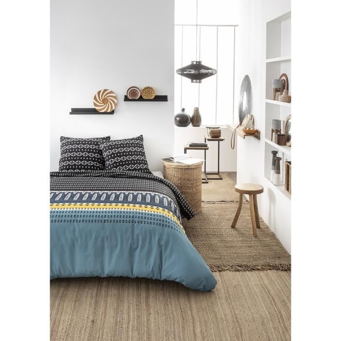 TODAY Parure de lit Mawira 1.1 - 1 housse de couette 240 x 260 cm et 2 taies d'oreiller 63 x 63 cm - 100% coton - Bleu
