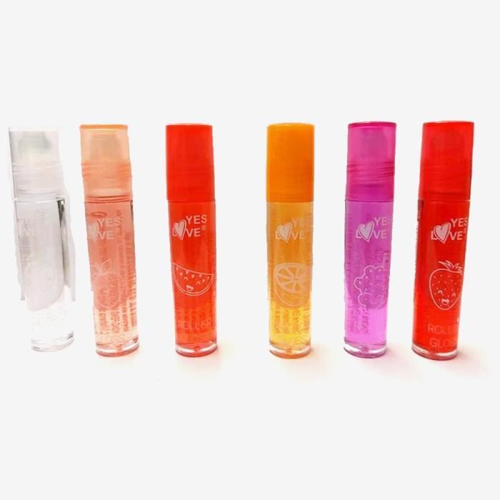 Lot de 6 Gloss Roll on Bille Fruite YL Parfum Coco / Framboise / Pastèque / Orange / Raisin / Fraise - Roller Gloss Brillant a levre