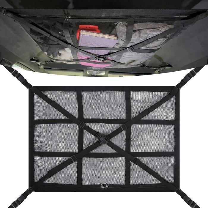 Filet De Rangement Toit Voiture 90x65 Cm - 3 Poches Zippées - Organisateur Universel Pour SUV Et Berlines