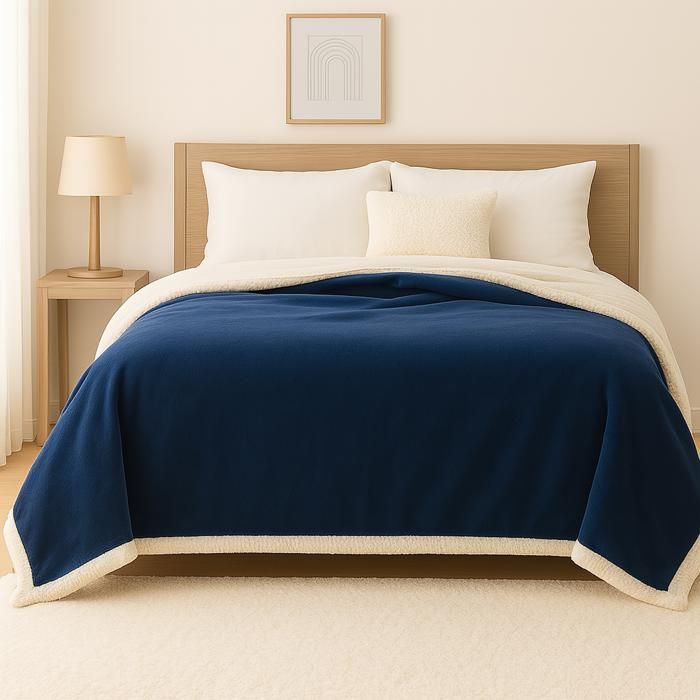 Plaid Sherpa Flanelle XXL 200x240 Bleu Marine - Couvre-Lit Épais 480g/m² (Taille Couple)