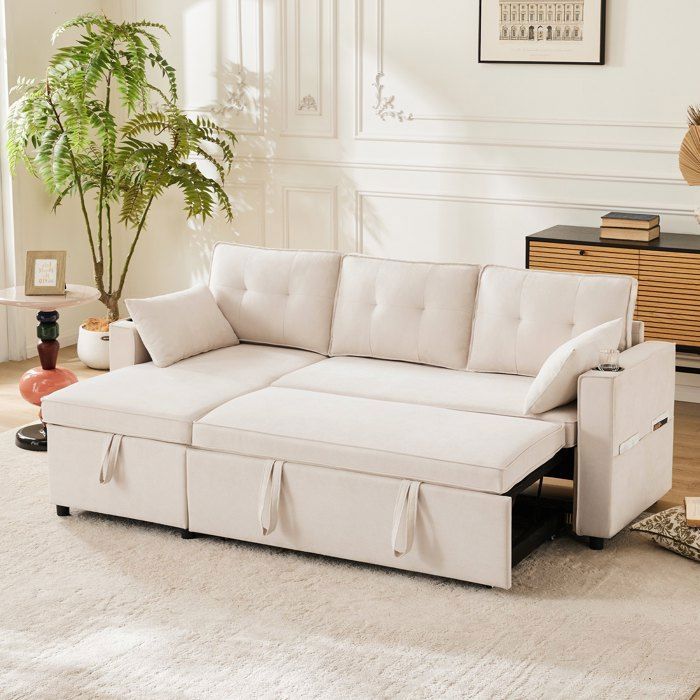 Canapé dangle Convertible réversible-3 places-porte-boisson Canapé-Lit Moderne Meuble Rembourré avec espace de rangement Beige