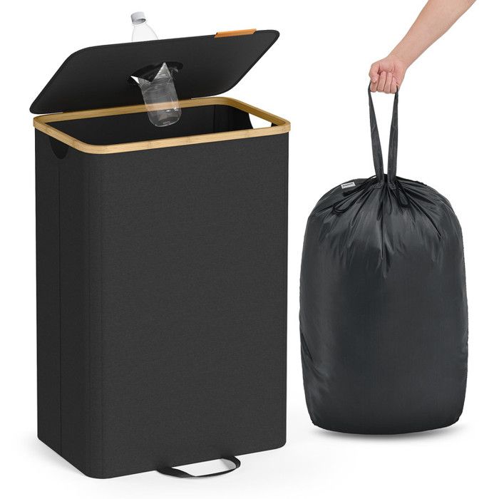 Poubelle de Recyclage pour Bouteilles et Canettes 95L avec Trou Couvercle Sac avec Poignées Cuisine Noir et Beige Naturel