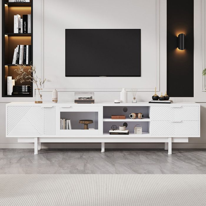 Meuble tv - simple moderne - Lowboard avec 2 portes et 2 tiroirs - adapté pour 80 pouces - 200x40x50.5cm - blanc